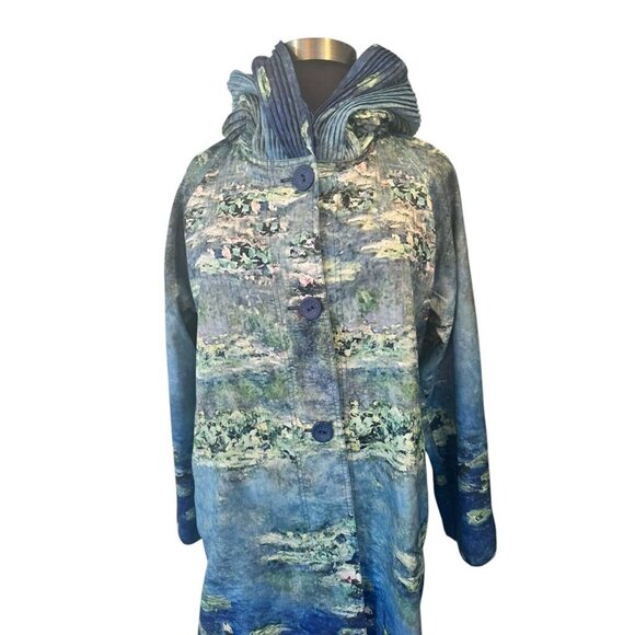 Hooded Rain Coat Blue Button Front Lightweight Jacket - Picture 7 of 14